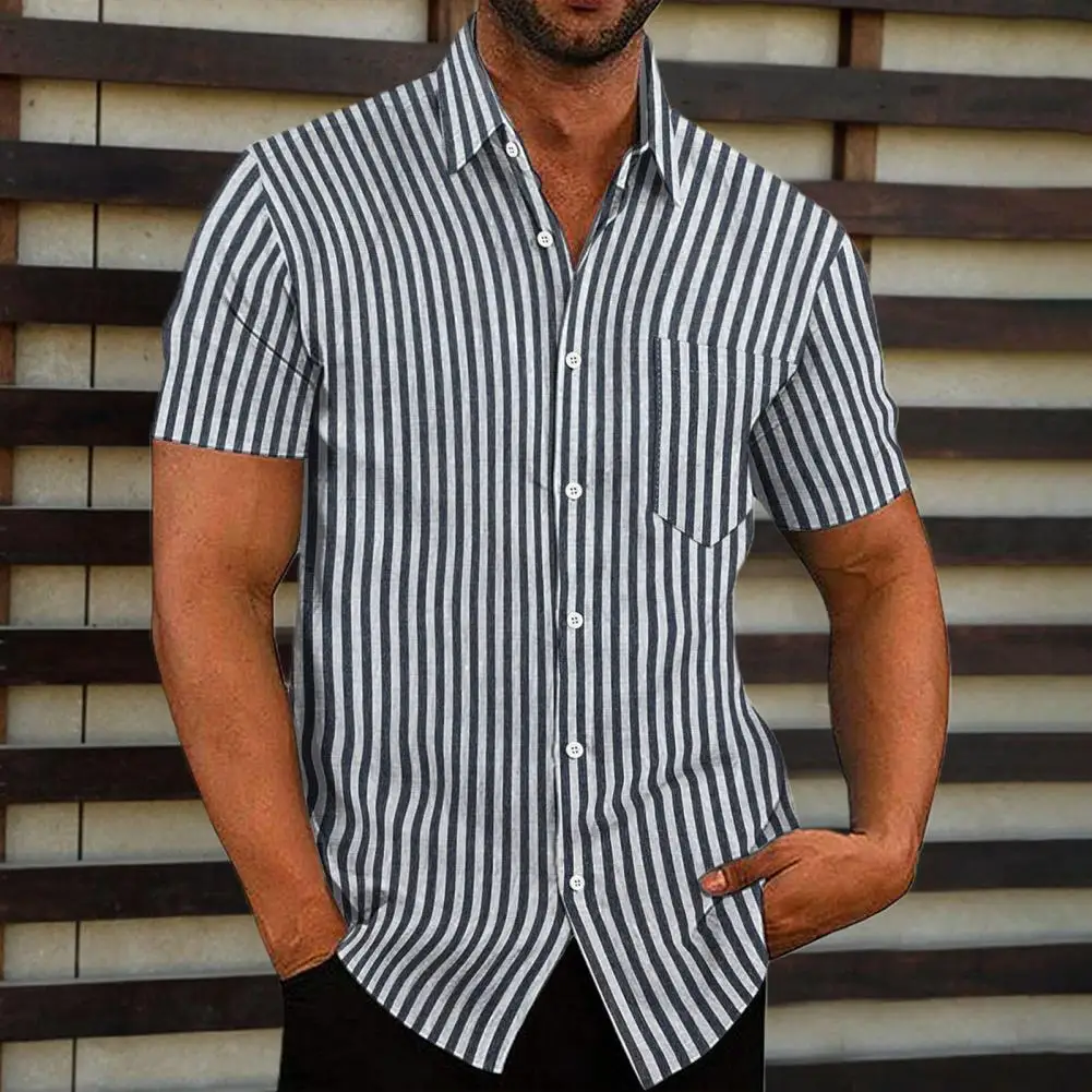 

Summer Shirt Short Sleeve Turn-down Collar Soft Contrast Color Men Top Dating Clothes