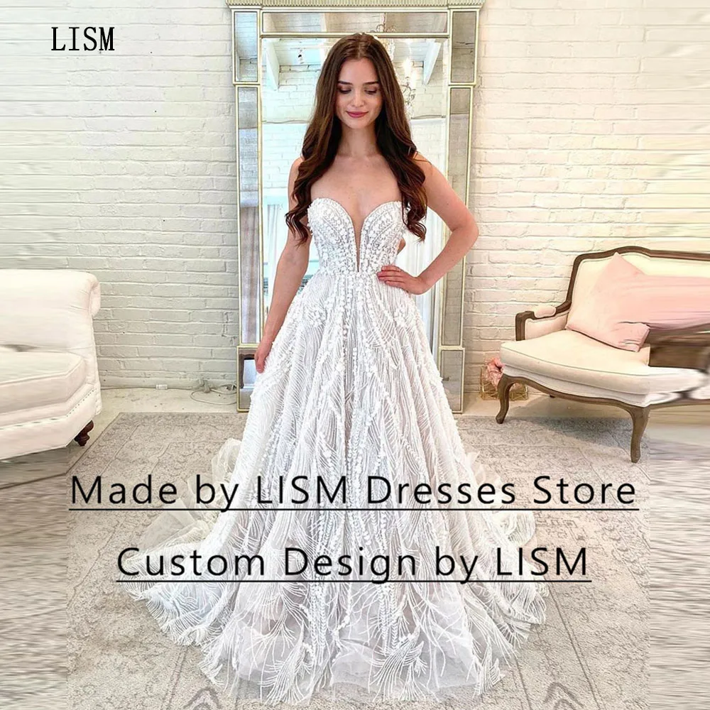 

LISM A-line Princess Deep V-neck Strapless Bridal Gowns Appliques Floor Length Tulle Sleeveles Formal Wedding Party Dresses