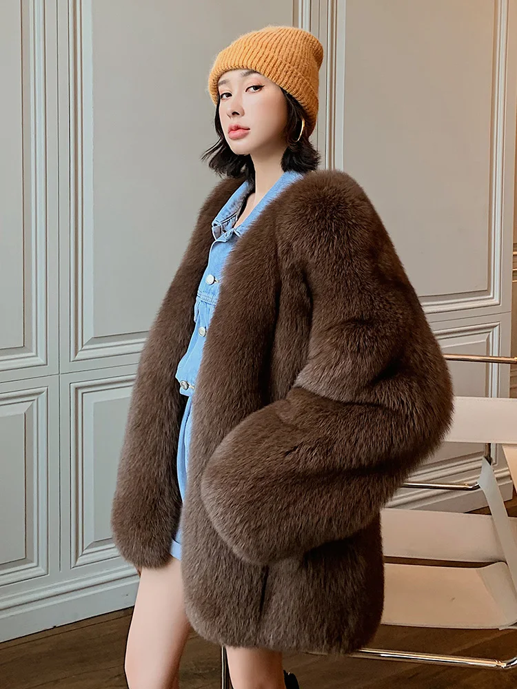 Imported Fox Fur Coats and Jackets Women Coat Long Sleeve Real Genuine Fur Women's Mid-length V-neck Coat Winter New enlarge