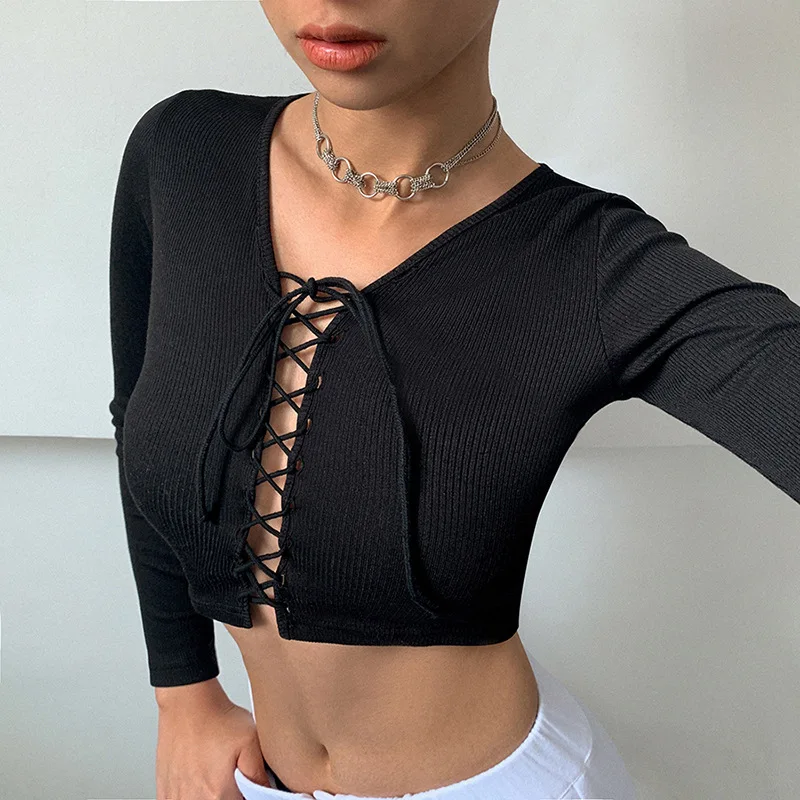

Sexy Hollow Bandage Tights Thong Crop Top Woman 2021 Fashion Rib Black Spring T Shirts Casual Street Short Top Clothing Women