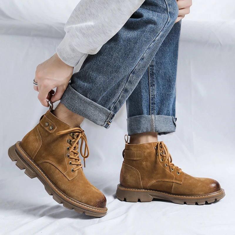 Ботинки мужские кожаные высокие мотоциклетные ботильоны на шнуровке обувь в