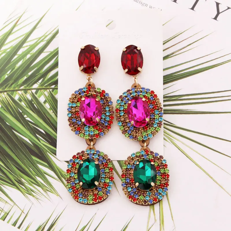 

New Design Colorful Rhinestones Earrings For Women Wedding Crystal Earrings Oval Drop Earrings Female Statement Jewelry Gift