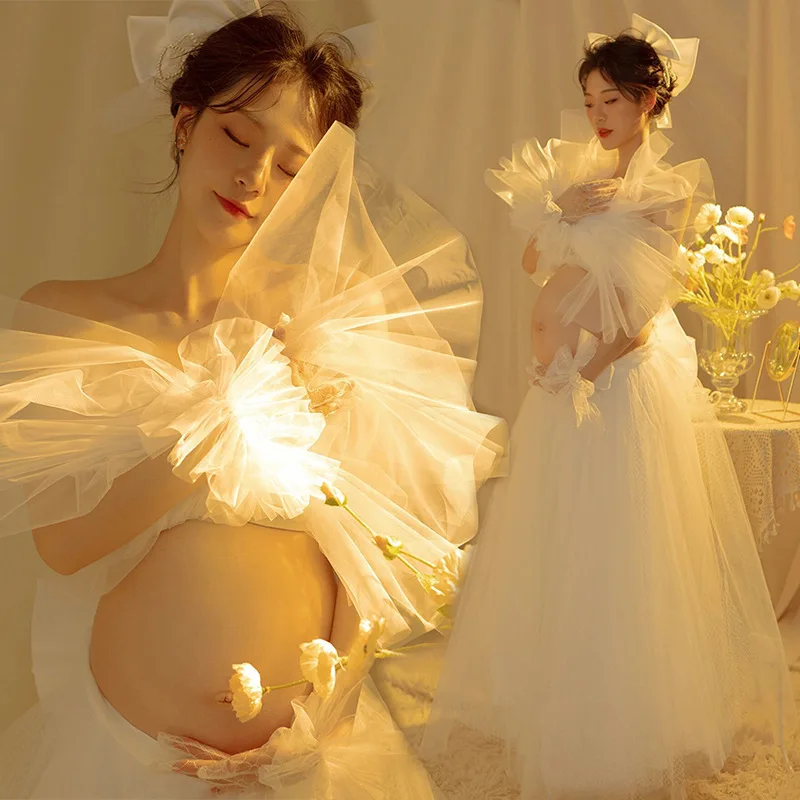 

Dvotinst Photography Props Maternity Dresses for Photo Shoots Pregnancy Pregnant Mesh Elegant Korean Dress Studio Photo Props