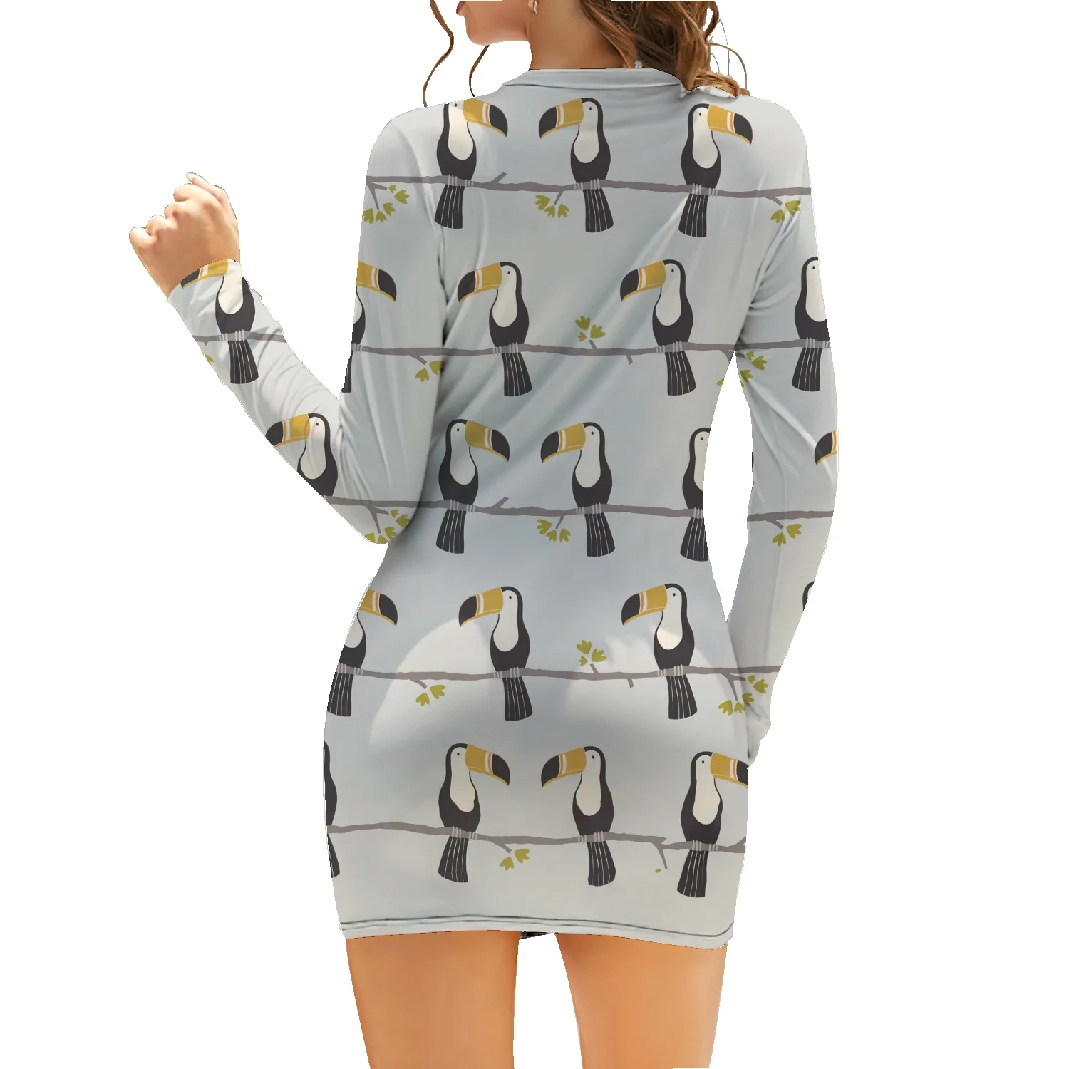 

Flower Bird Full Printed Women's Tight Slim Fit Standing Collar Long Sleeve Dress Standing Collar Zipper Sexy A-line Short Skirt