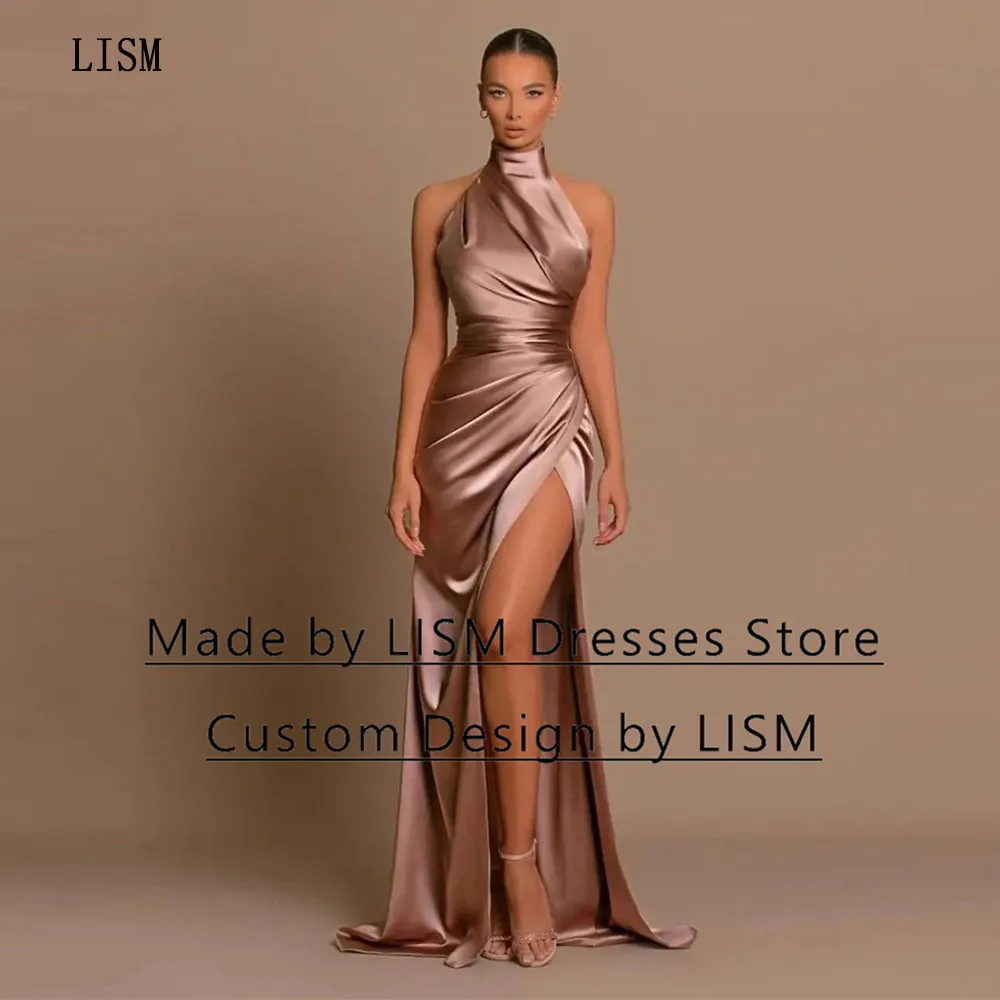 

LISM Light Brown High Neck Formal Cocktail Gowns High Slit Pleat Sleeveless Floor Length Beach Formal Evening Party Prom Gresses