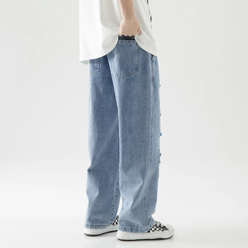Men Street Baggy Jeansripped Trousers Cross Hip Hop New Mens Loose Jeans Pants Solid Color Women Oversized  Straight Jeans JEANS
