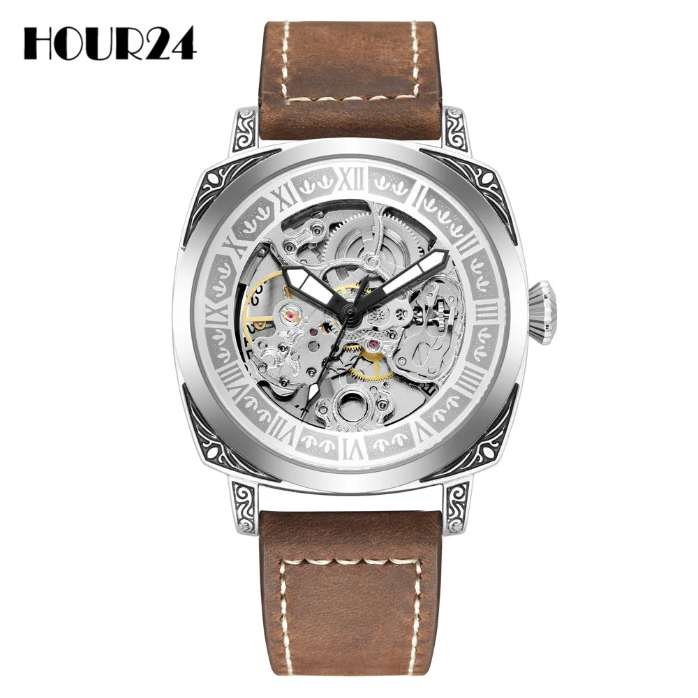

Vintage Automatic Mechanical Watch Mens Skeleton Steampunk Watches Leather Male Square Clock Roman Numerals Hombre Relogio Gifts