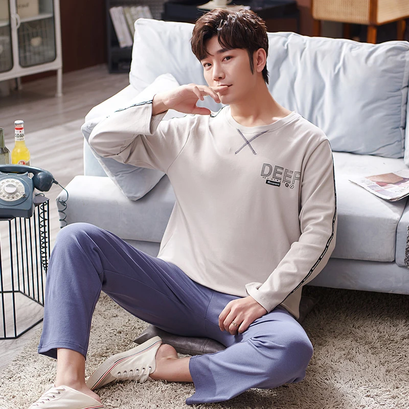 

QUHENG Autumn Men's Cotton Round Neck Long-sleeved Suit Youth Solid Color Simple Pajamas Home Clothes 2-pieces Sleepwear