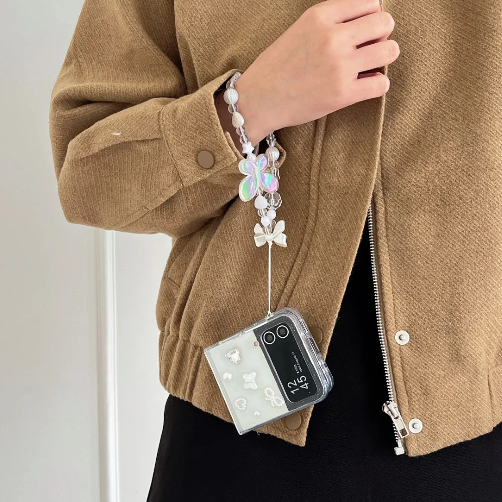 Чехол для Samsung Galaxy Z Flip 5 4 3 блестящий клей с ремешком Прозрачный складной