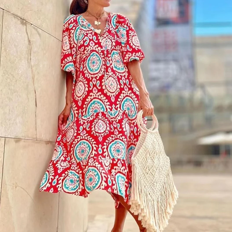 

Elegant 3/4 Puff Sleeve Loose Long Dress Spring Fashion Pattern Print Bohemian Party Dress AutumnWomen Sexy V Neck Beach Dresses