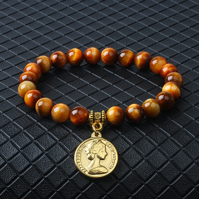 

Stainless Steel Elizabeth II Coin Pendant Bracelet Elizabeth Queen Charm Bracelets for Women Nature Stone Couple Jewelry Pulsera