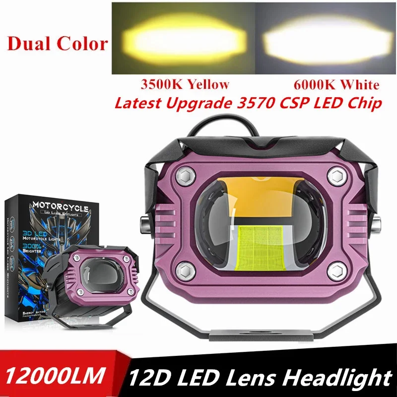 12D Motorcycle LED Lens Headlight 100W 3570 CSP Chip ATV SUV Truck Spotlight Offroad 12000LM White Yellow Car Work Light 12V-80V