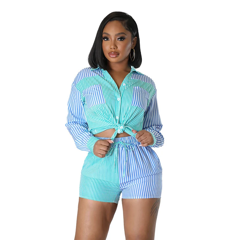 

2023 New Fashion Cardigan for Women Suits with Shorts Summer Two Piece Long Sleeve Basic Casual Versatile Striped Go Out Suit