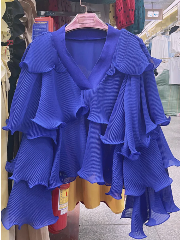 

LANMREM Designer Spliced Pleated Blouse For Women V-neck Long Sleeves Solid Fashion Tide Tops Female Clothing 2023 New 32D617