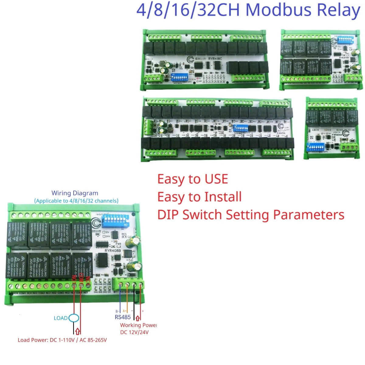 

4-32 Channels 10A 20A DC 12V 24V RS485 Bus Relay Module DIP Setup Parameters Modbus RTU Serial Port UART Switch Board HMI PLC