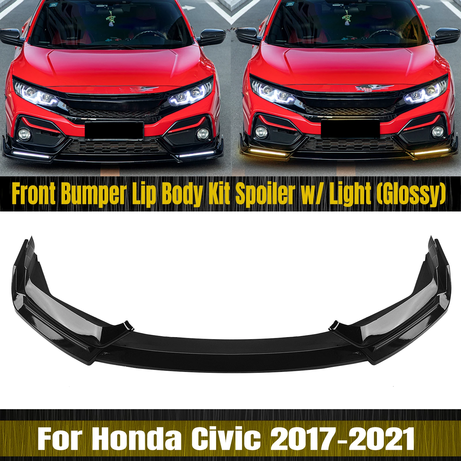 

For Honda Civic Si Hatchback 2017-2021 Front Bumper Spoiler Lip Gloss Black Car Lower Guard Plate Splitter Blade W/ Signal Light