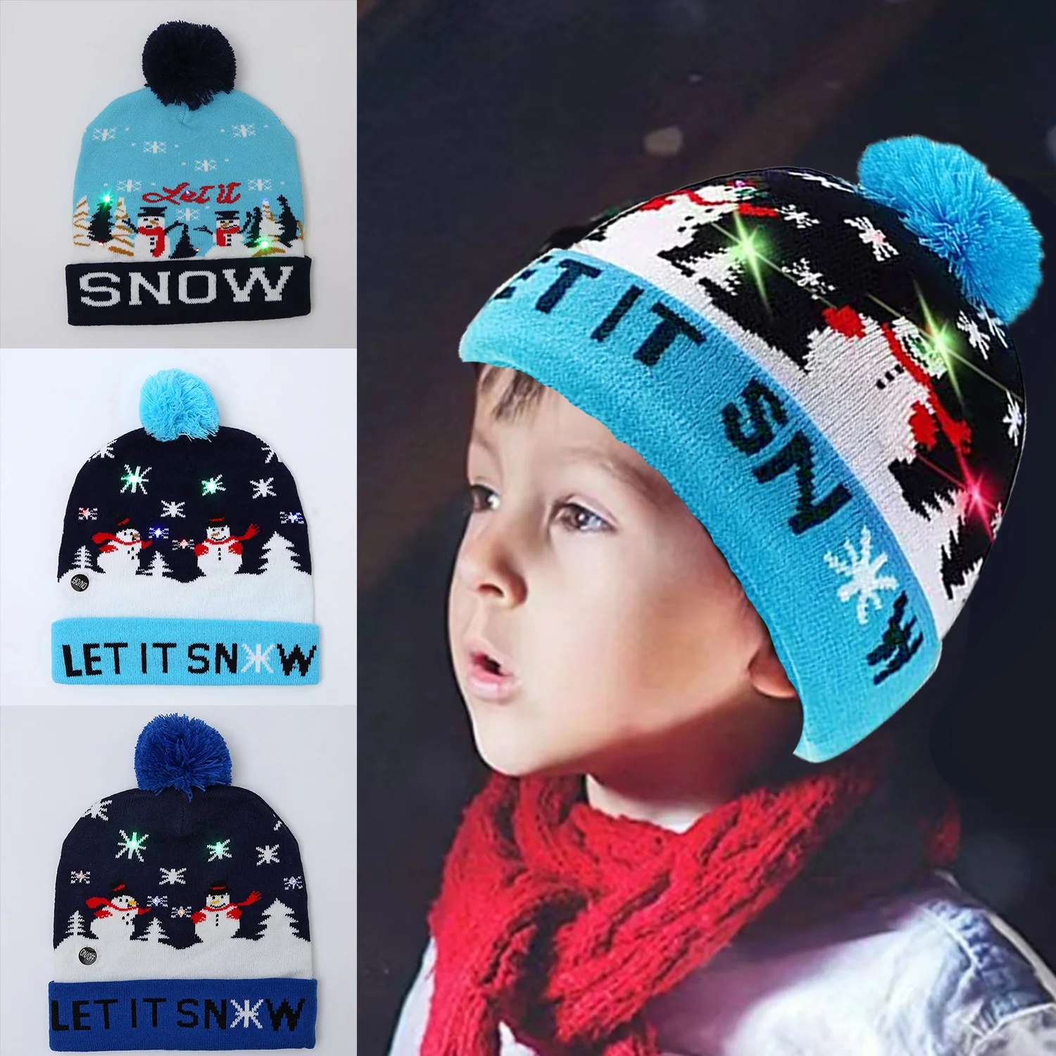 

Blue Series Christmas Beanie Hat With LED Light Unisex Snowman Winter Knitted Cap Women's Winter Hat 2023 Xmas Party Accessories