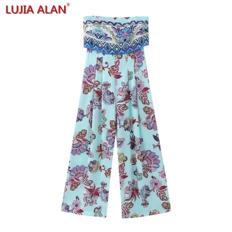 

Summer New Women's Flower Printed Patchwork Strapless Siamese Wide Leg Pants Casual Female Loose Jumpsuits LUJIA ALAN P5018