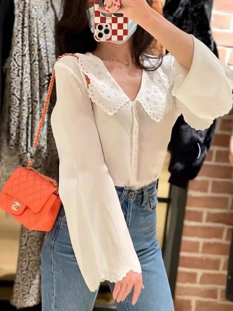 

2022 Lace Doll Neck Stitching Lady Button Up Shirt Solid Color Casual Comfortable Versatile Blouse
