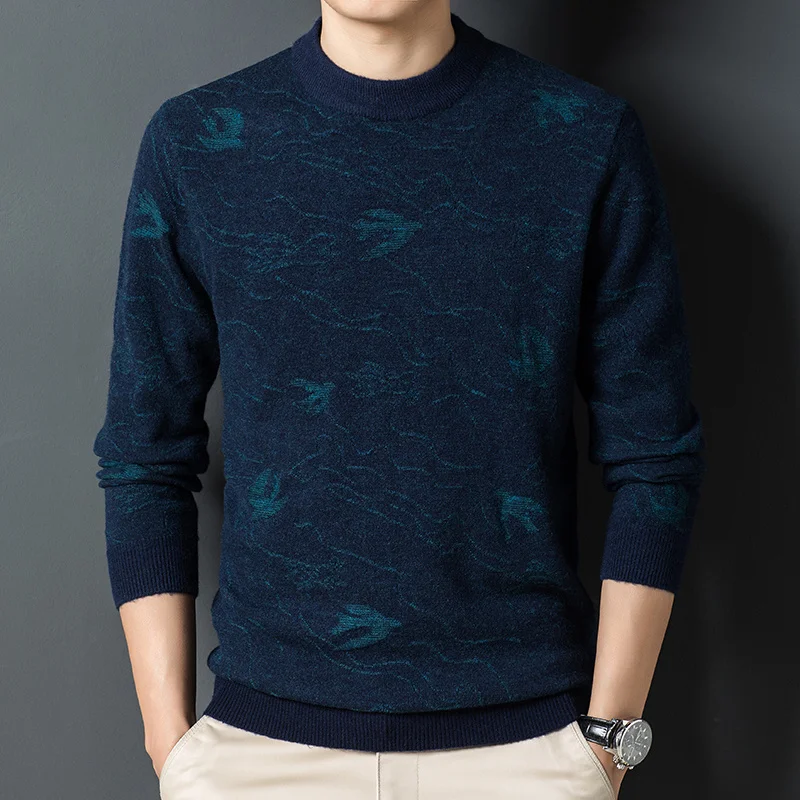 men's Sweater 100% pure wool jacquard autumn and winter sweater business contrast fashion bottoming sweater