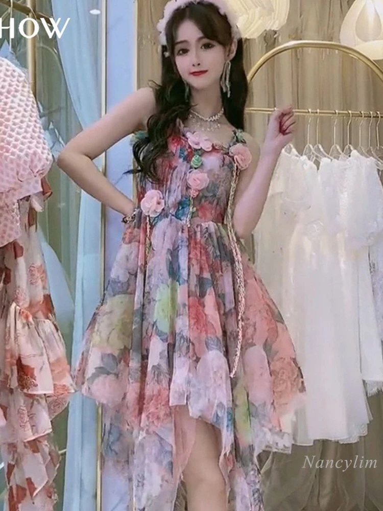 

2022 Summer Dress New Sweet Temperament Fairy Three-Dimensional Flower Irregular Mesh Strap Dresses Vacation Outfits
