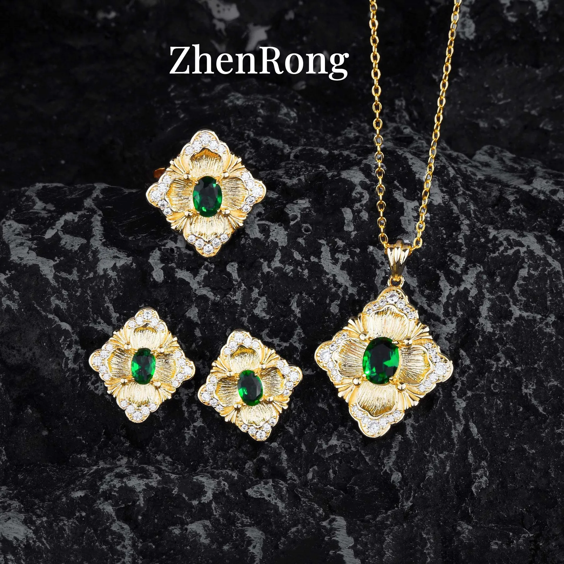

Foydjew Italian Vintage Luxury Artificial Emerald Pendant Necklaces Flower Stud Earrings Rings Banquet Golden Women Jewelry Sets