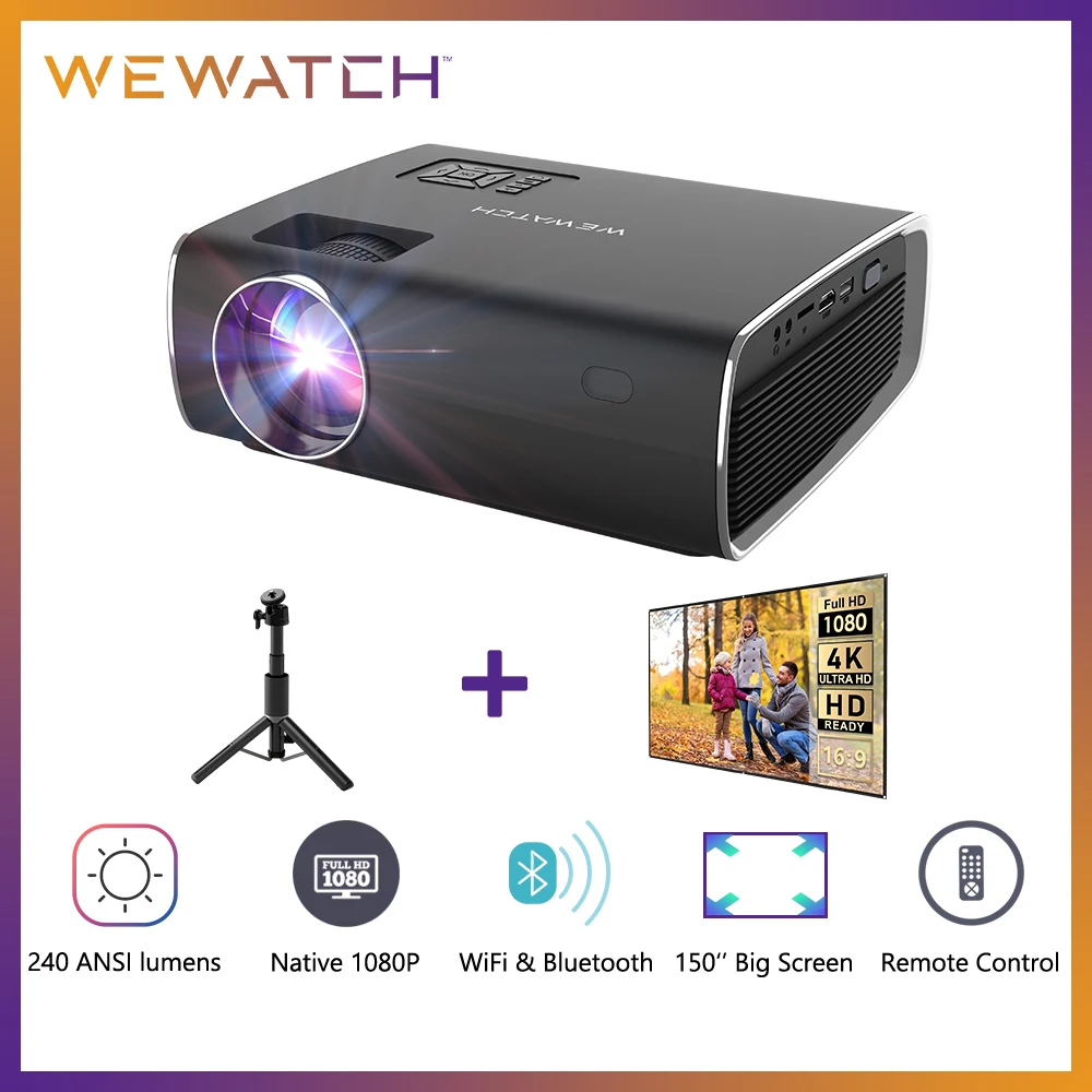 WEWATCH V56 Native 1080P Full HD Movie Projector WiFi Bluetooth Built-in Speaker Video Home Cinema with Tripod Screen |