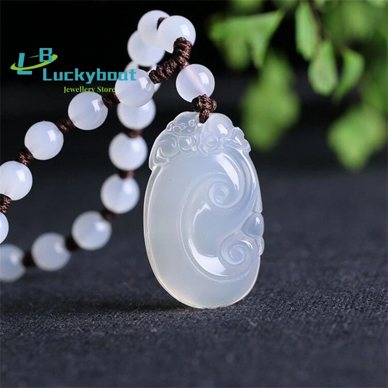 Design Natural Ice Kinds Of White Chalcedony Ruyi Pendant Necklace Lucky Sweater Chain Women Fashion Jades Jewelry