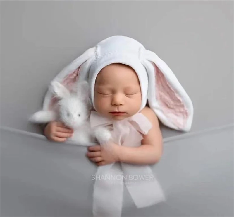 Dvotinst Newborn Baby Photography Props Knitting Mink Handmade Furry Rabbit Hat Wrap Fotografia Accessories Studio Photo Props enlarge