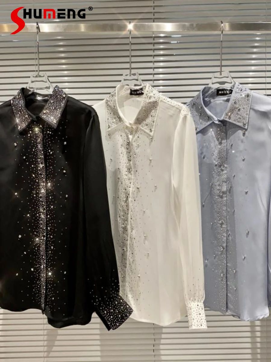 

Elegant Woman Starry Rhinestone Hot Drilling Shirts Polo Collar Long Sleeve Mercerized Cotton Blouses for Women 2022 Spring New