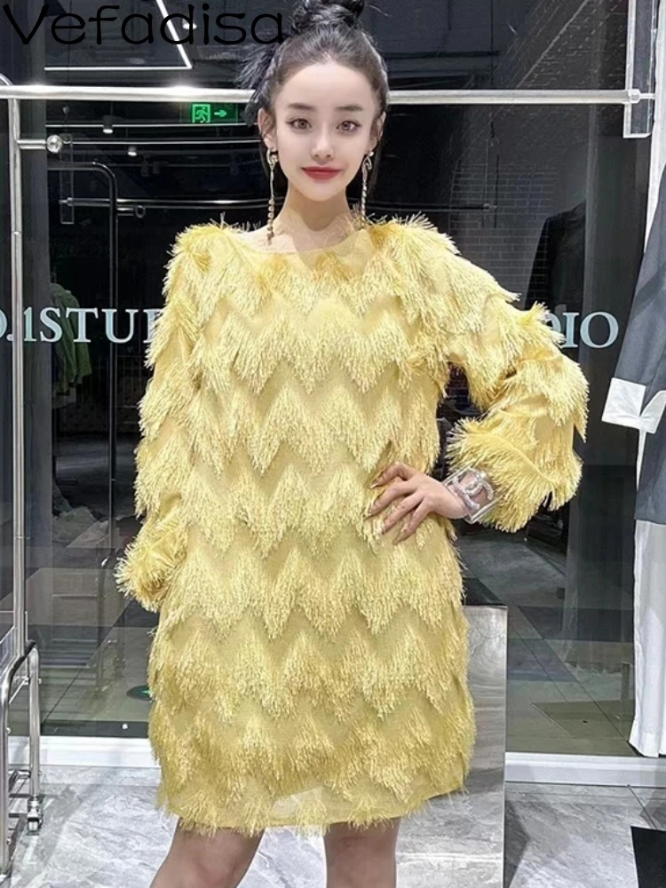 

Vefadisa 2023 Autumn New Women Casual Tassel Personalized Yellow Dress Fashion Mid Length Elegant Trendy Girl Dress Top ZY1983