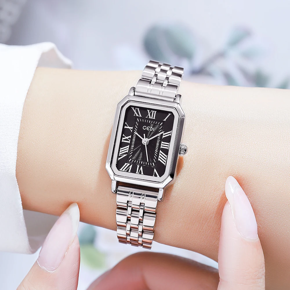 GEDI Fashion Rectangle Silver Stainless Steel Ladies Watch 30m Waterproof Roman Dial Quartz Watch for Women Gifts Dropshipping