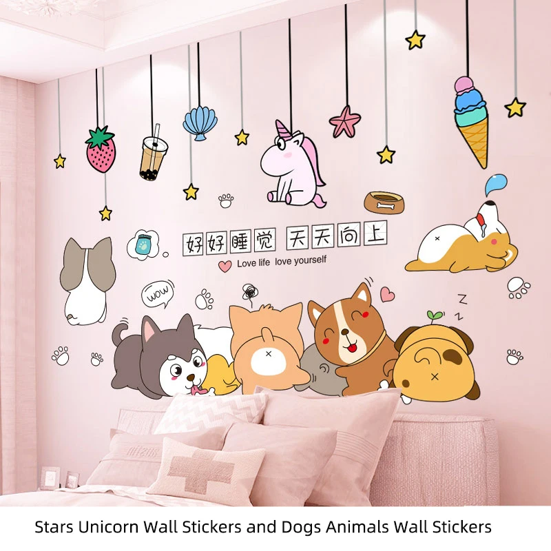 

Cartoon Dogs Animals Wall Stickers DIY Stars Unicorn Wall Decals for Kids Room Baby Bedroom Kindergarten Home Decoration