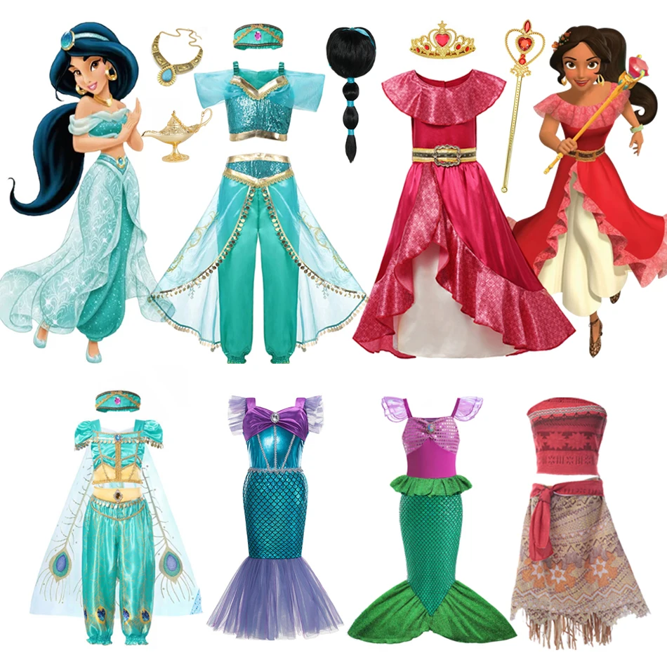 

Disney Jasmine Princess Dress of Birthday Party Carnival Cosplay Aladdin Lamp Girls Elena Moana Mermaid Costume