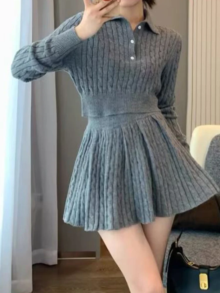 

Casual College Style Two-Piece Lapel Knit Sweater+High Waisted A-Sub Short Skirt Set 2023 New Fashionable Women'S Clothing