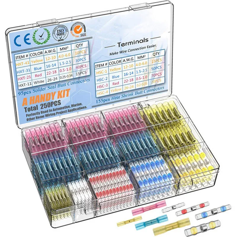 

250PCS Heat Shrink Butt Connectors,95PCS Solder Seal Wire Connectors & 155PCS Heat Shrink Butt Crimp Electrical Terminals Kit