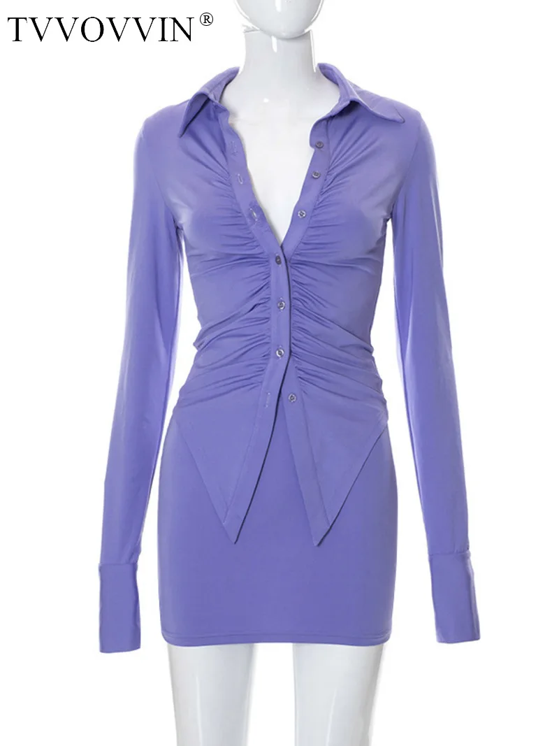 

Design TVVOVVIN Small Purple High Waist Polo Collar Shirt Blouse Top Slim Hip Wrap Skirt Two-piece Suit Autumn Winter 1NB0