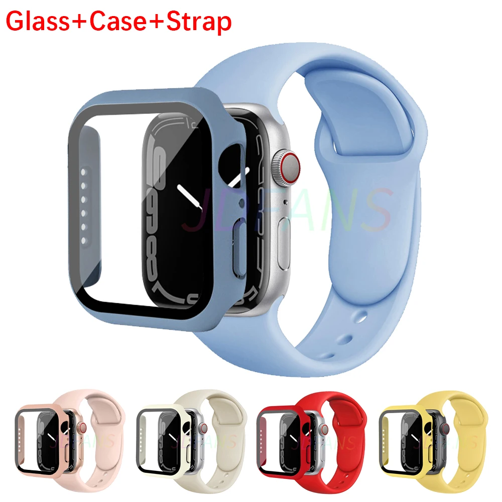 

Glass+Case+Strap For Apple Watch band 44mm 40mm 45mm 41mm 38mm 42mm 44 mm Silicone watchband bracelet iWatch serie 3 4 5 6 se 7