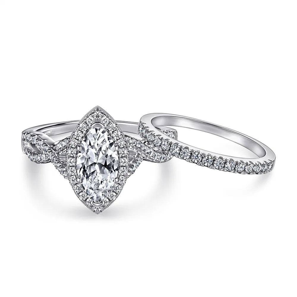 

Europe and the United States new S925 silver ladies wedding ring horse eye 5A zircon cross row diamond set ring