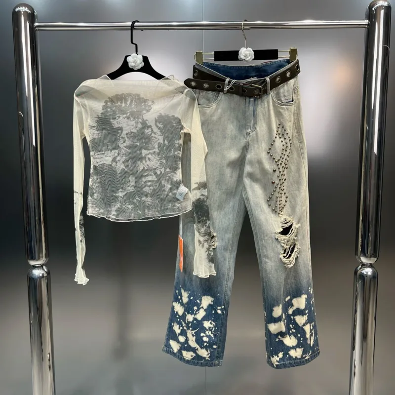 

BORVEMAYS 2023 Summer New Long Sleeve Printing Mesh Thin T-shirt + High Waist Patchwork Rivet Hollow Out Personality Jeans