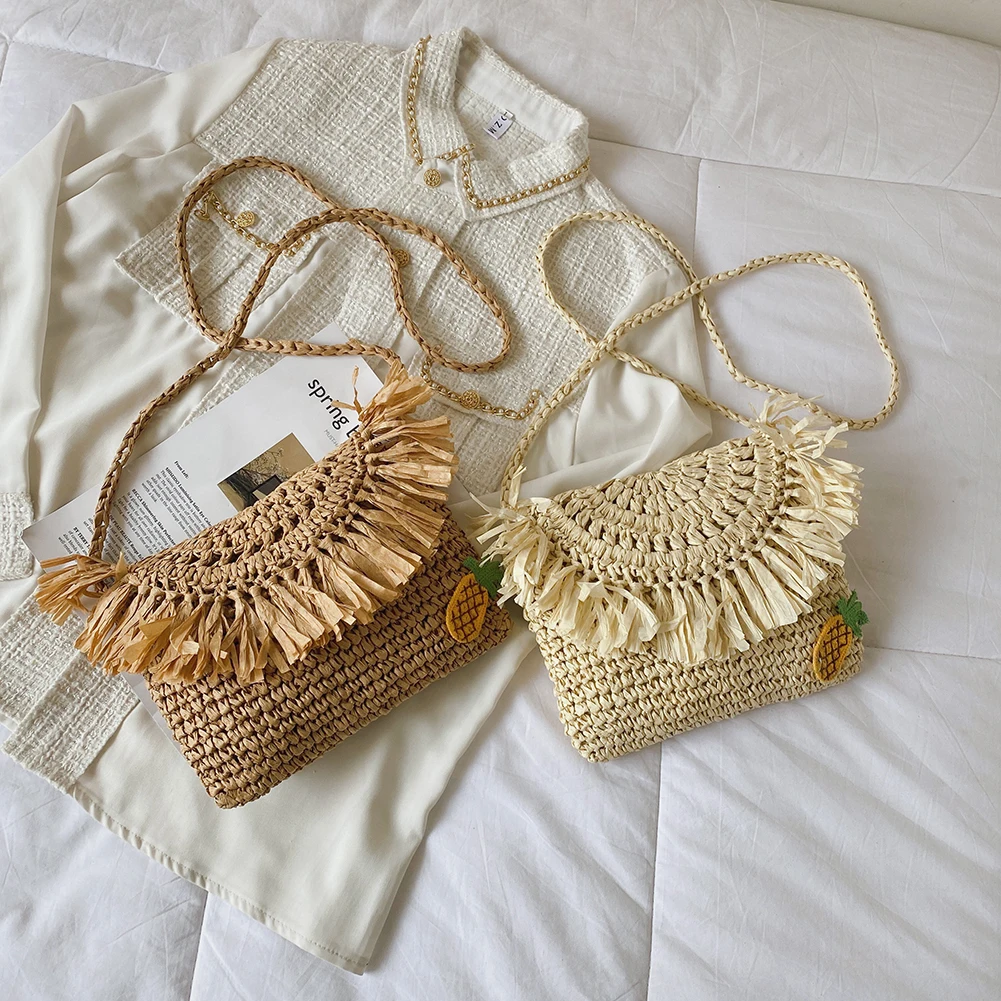 

Fashion Pineapple Straw Handbags Women Casual Summer Beach Vacation Handmade Tassel Lady Travel Purses Messenger Shoulder Bag