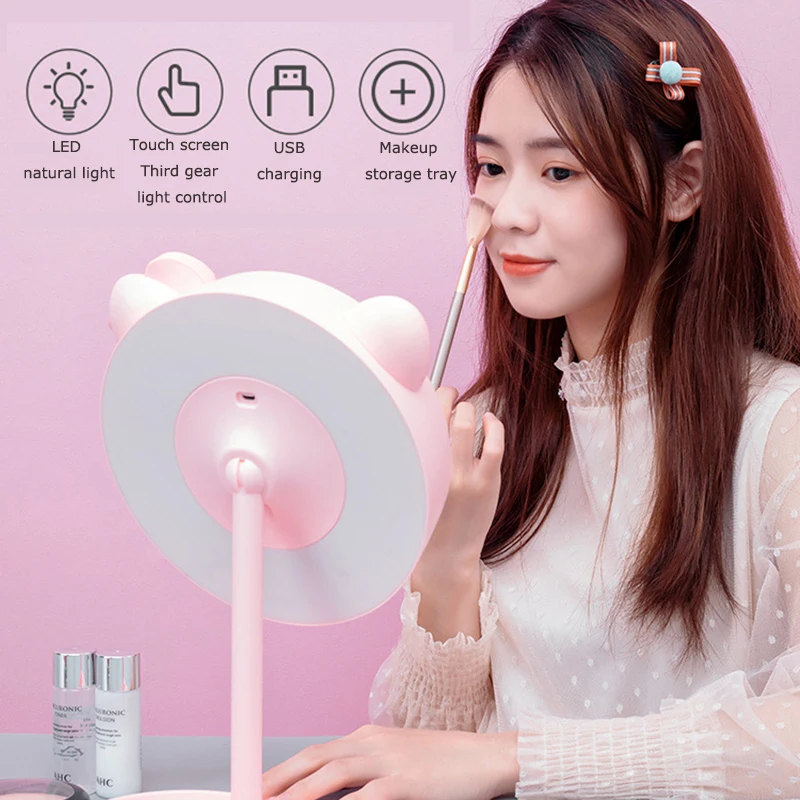 

Makeup Mirror With Led Mirrors Standing Pink Cat Mirror Touch Screen Vanity Mirror Adjustable Light Desk Cosmetic Mirrors