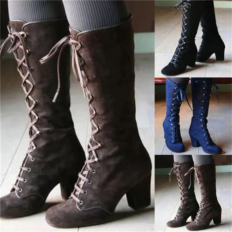

2022 Black Boots Women Shoes Knee High Women Casual Vintage Retro Mid-Calf Boots Lace Up Thick Heels Shoes Обувь Женская