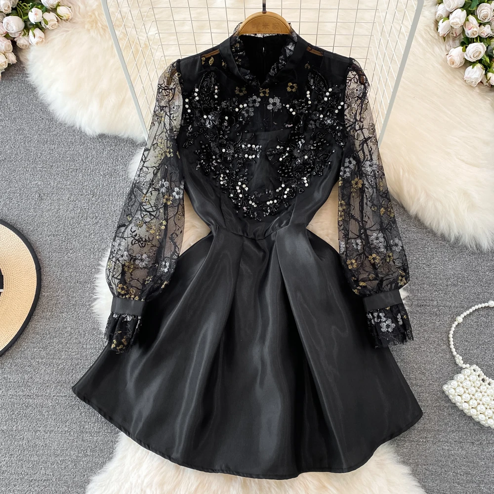 French Spring Autumn Vintage Mini Dress Women's Beading O-Neck Long Sleeve Ruffles Mesh Embroidery A-Line Party Vestidos
