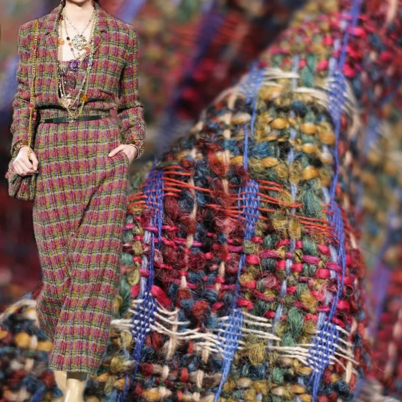 

50x145 см красная/зеленая сетчатая шерстяная окрашенная в пряжку твидовая ткань для женщин осенняя куртка костюм пальто сумочка ткань для рук...