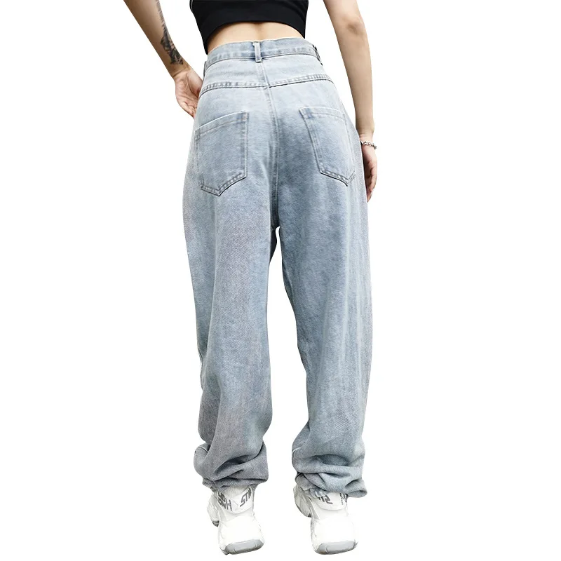2021 Mujer Fall New High Waist Jeans Women Hole Light Blue Straight Trousers Streetwear Wide-leg Pants Female Solid Denim Pants