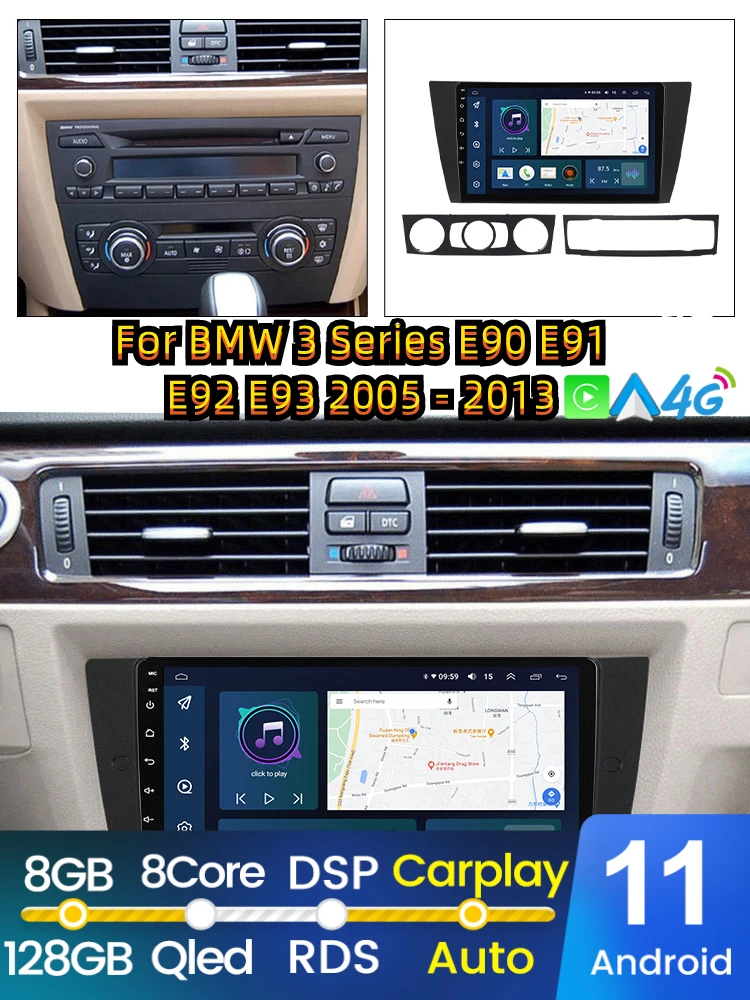 

Автомагнитола на Android 11 для BMW 3 серии E90 E91 E92 E93 2005 - 2013 автомобильный видеоплеер QLED 8G 128G Carplay GPS-навигация без DVD