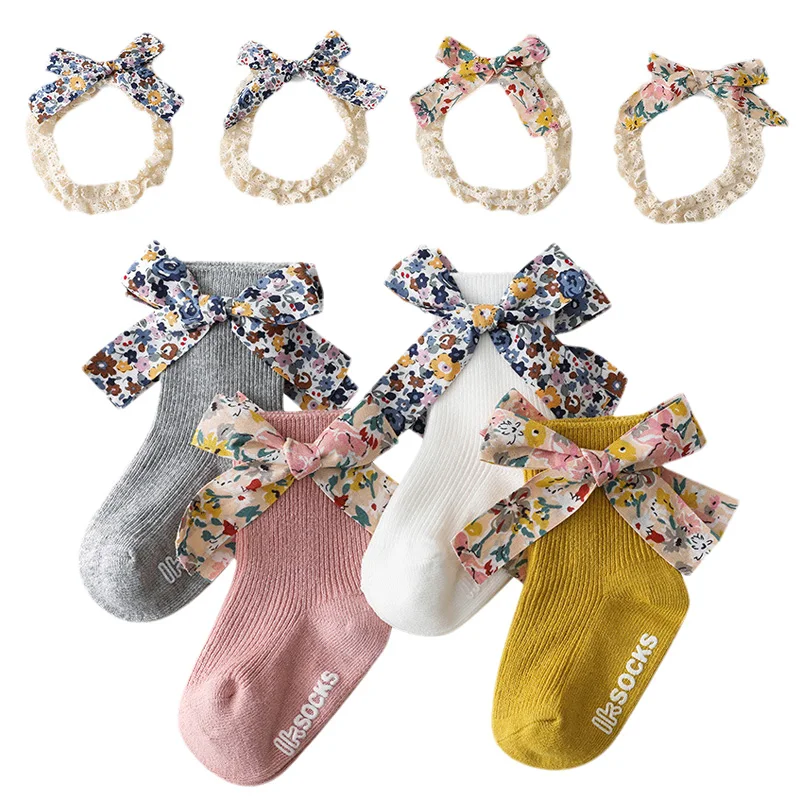 

Baby Socks Headband Set for Girls Cotton Princess Big Bow Socks for Newborn Knee High Sock Spring Summer Cute Baby Accessories