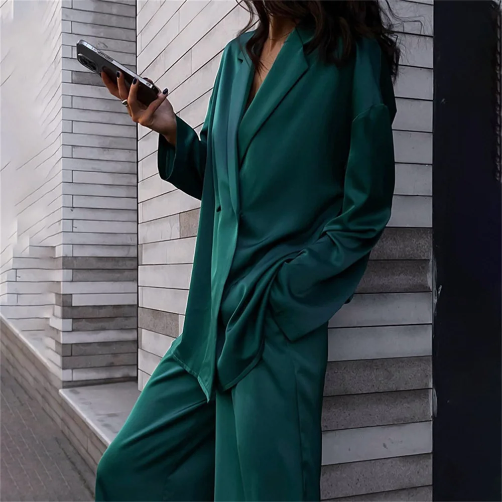 Luxury Women's Formal Pant Set Female Satin Double Breasted Blazer Trousers Suit office Elegant Ladies Work Wear 2 Piece Sets
