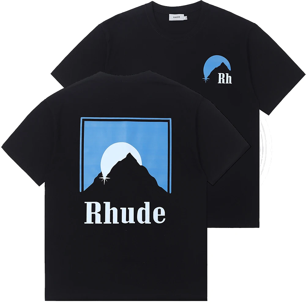 

Rhude letters logo Print Castle Coconut Tree 100%Cotton T-shirt Women Men Fashion Brand Oversized T Shirt Top Tees Best Quality